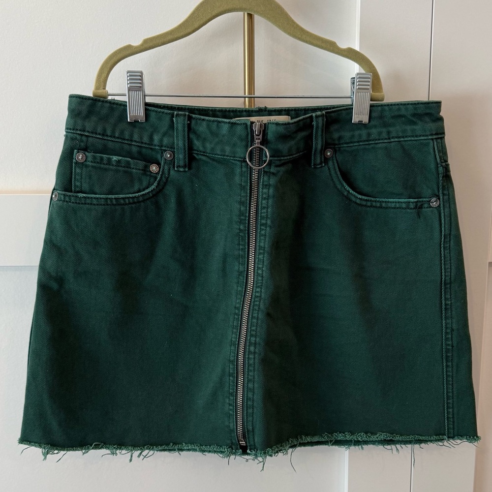Free people we the free green denim mini skirt with zipper size 28  #miniskirt